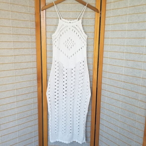 Aerie White Crochet Midi Dress Beach Cover 100% Cotton Open Knit Size XS - Picture 2 of 9